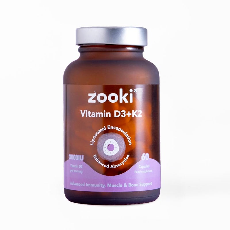 Zooki 3000iu Liposomal Vitamin D3 + K2 Capsules | 4X Higher Absorption | Ultimate Immunity, Bones, Muscles Support | Vegan | (30 Servings)